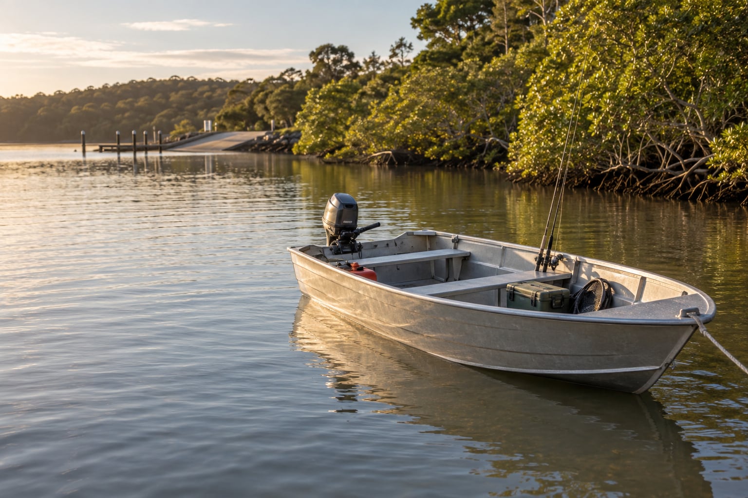 An aluminium fishing dinghy on a sheltered Australian estuary