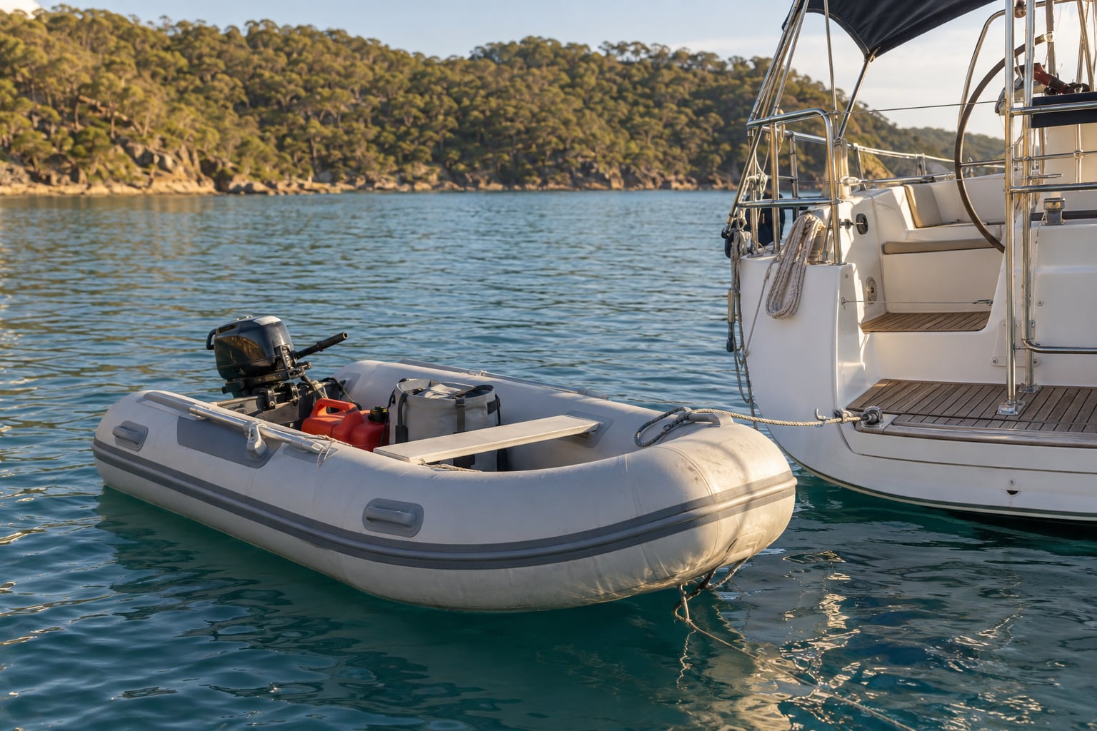 An inflatable tender secured alongside a cruising yacht in a sheltered Australian bay