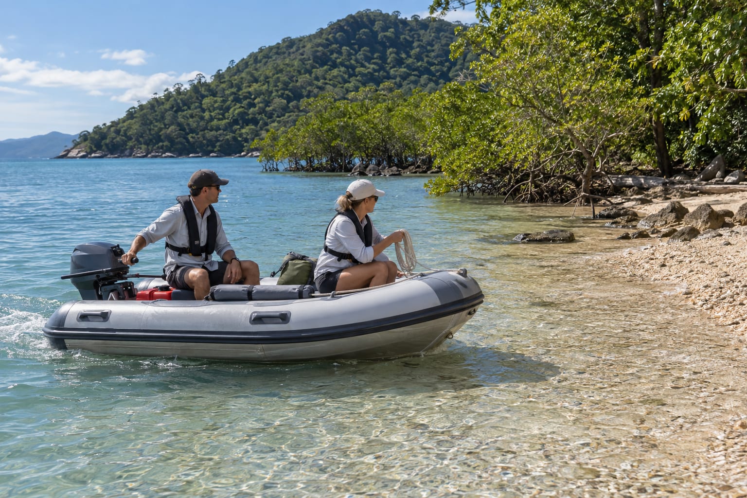 Two adults wearing lifejackets approaching a tropical Queensland beach slowly in a rigid inflatable dinghy