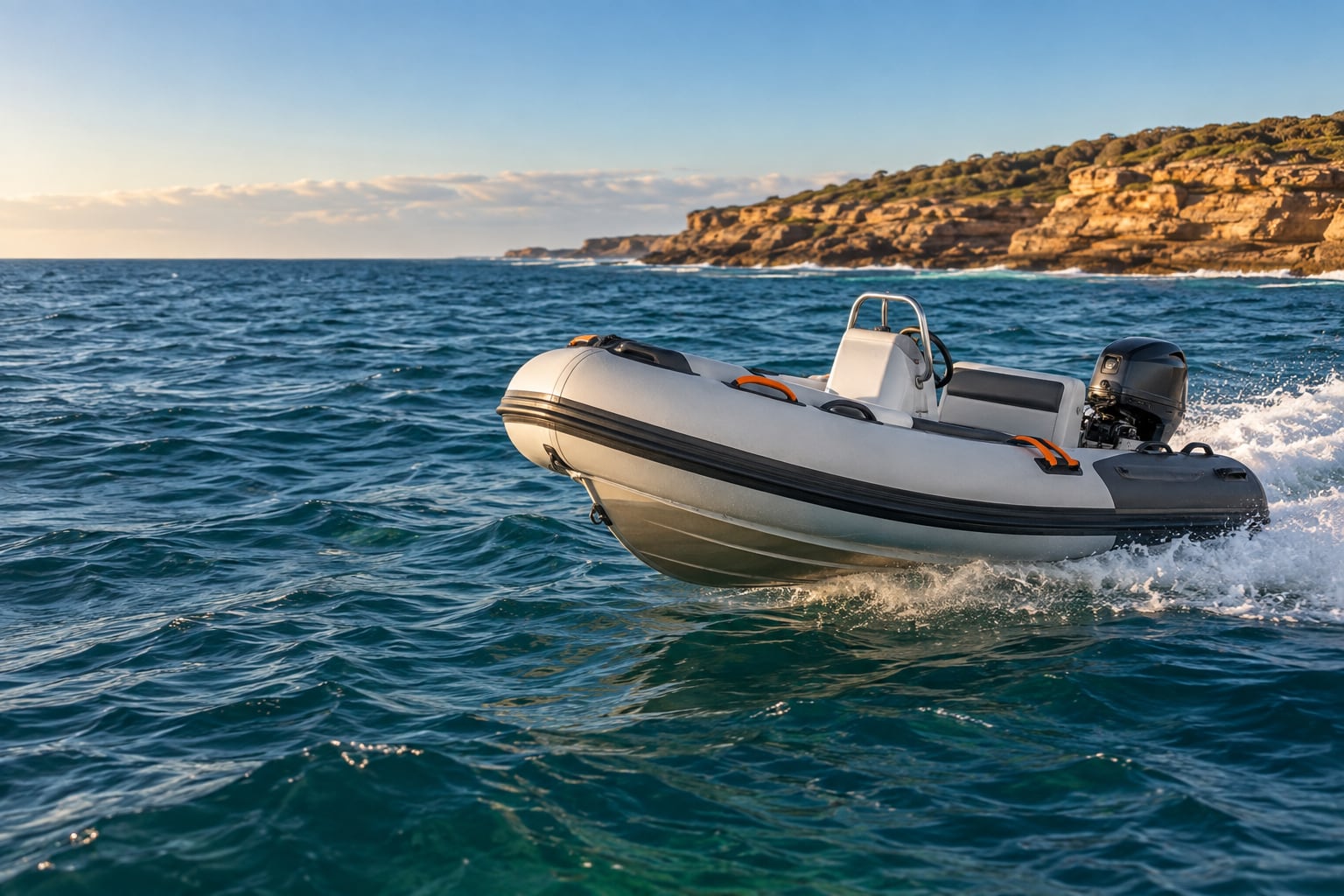 An aluminium-hull rigid inflatable dinghy running off the Australian coast