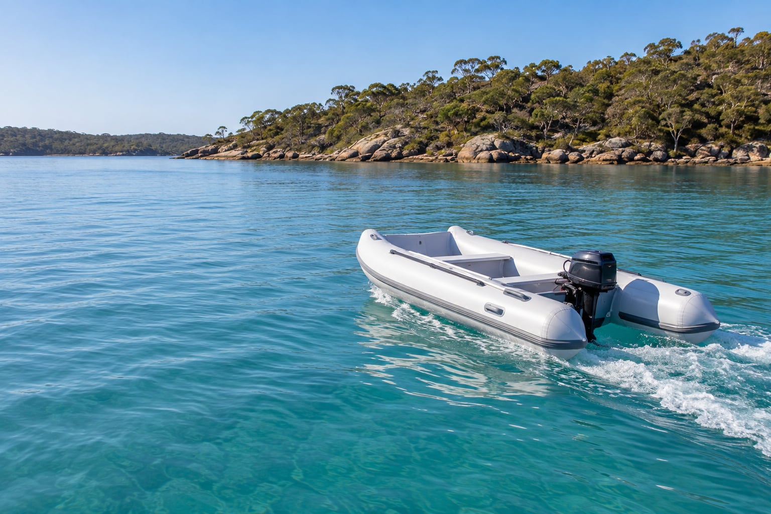 An inflatable catamaran tender crossing a clear Australian bay