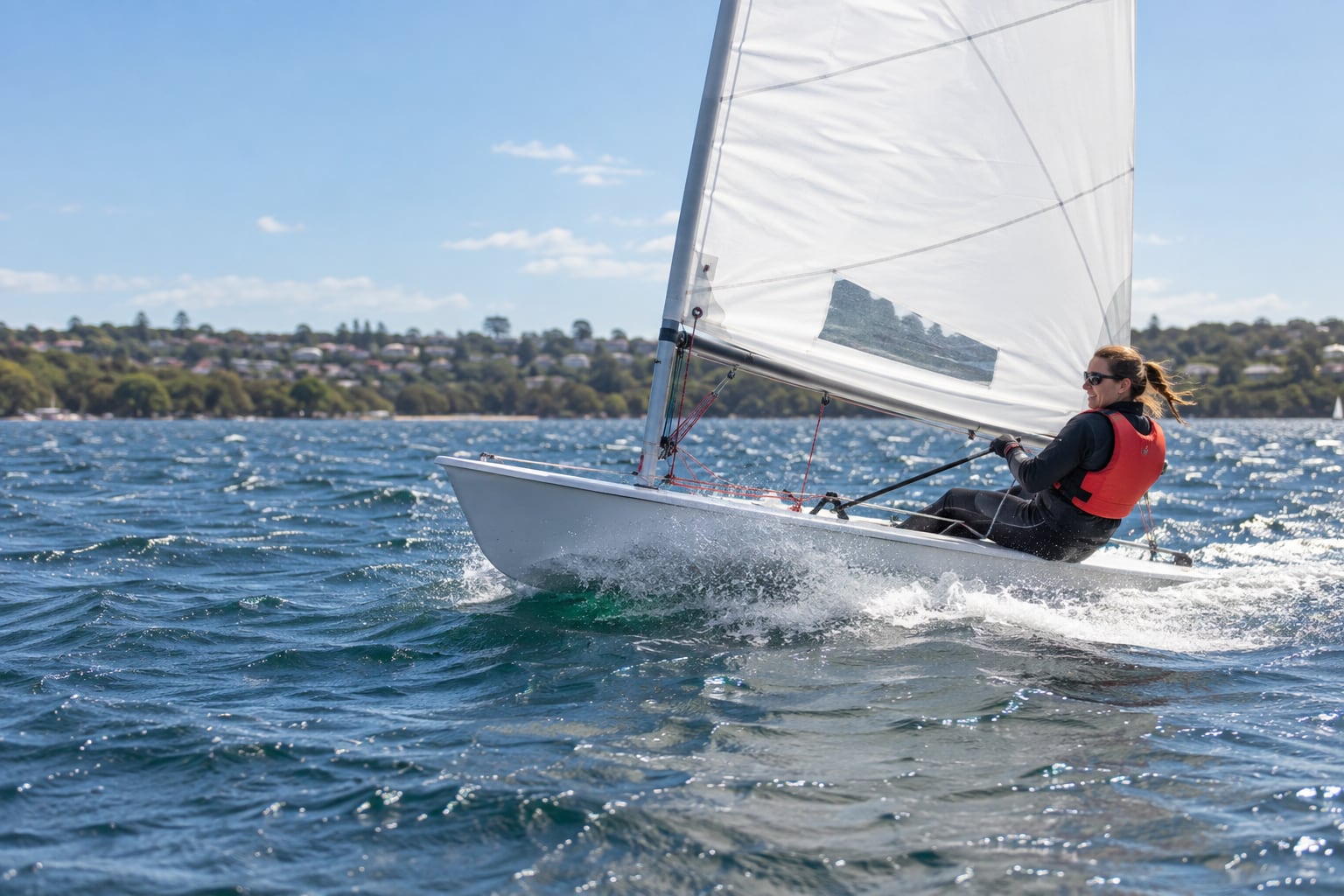 A sailor planing across an Australian harbour in a one-design dinghy