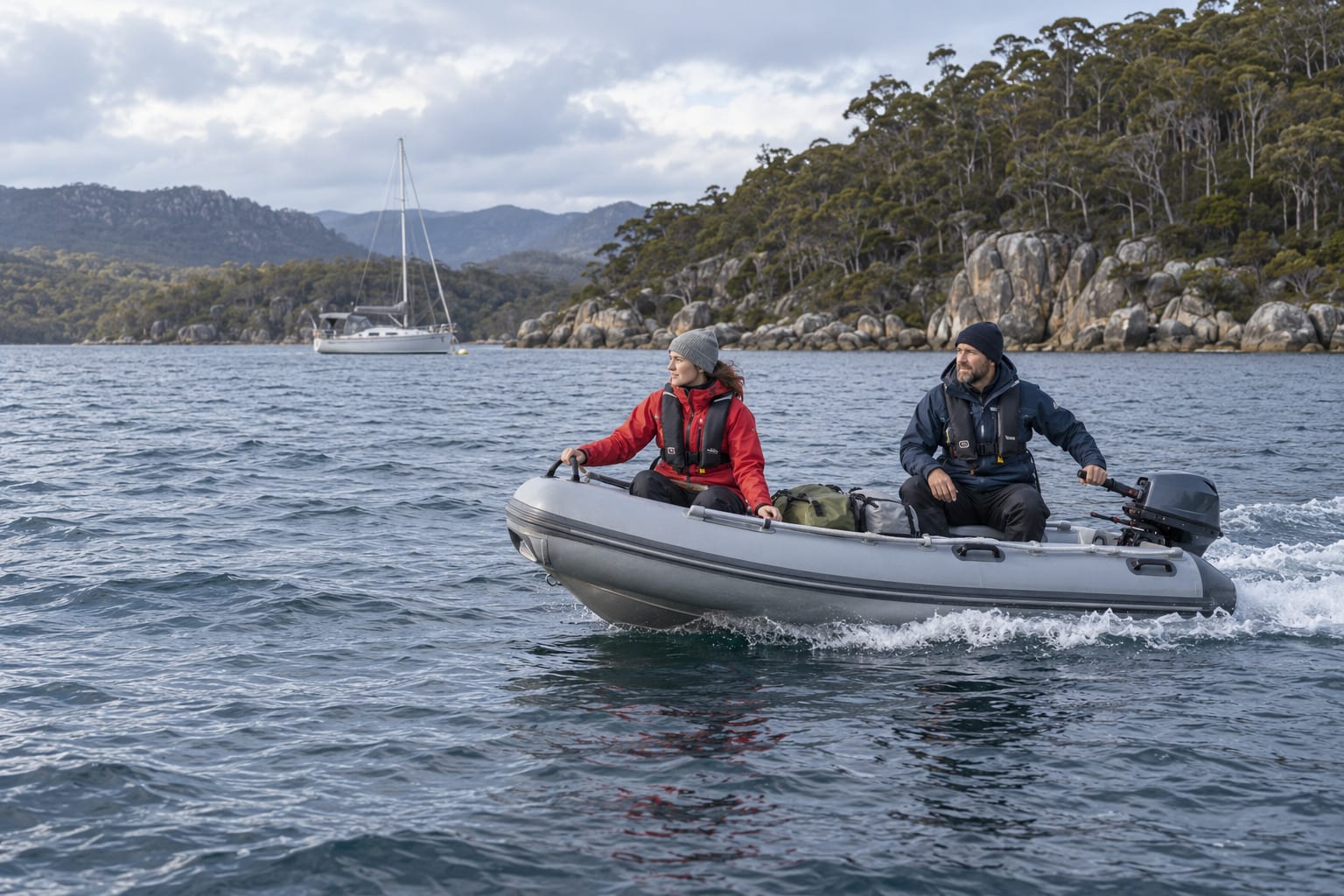 Two adults in waterproof clothing and lifejackets travelling in a rigid inflatable dinghy in a sheltered Tasmanian anchorage